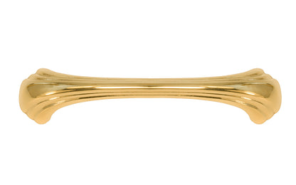 Vintage-style Hardware · A classic solid brass "Art Deco" handle pull with a streamlined 1930's look. 4" On Centers. Authentic reproduction pull designed in the 1930's, Streamline, Machine Age, Art Deco style of hardware. 4" center to center. Unlacquered brass (will patina naturally over time). Non-lacquered brass. Un-lacquered brass.
