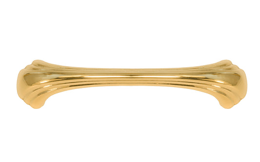 Vintage-style Hardware · A classic solid brass "Art Deco" handle pull with a streamlined 1930's look. 4" On Centers. Authentic reproduction pull designed in the 1930's, Streamline, Machine Age, Art Deco style of hardware. 4" center to center. Unlacquered brass (will patina naturally over time). Non-lacquered brass. Un-lacquered brass.
