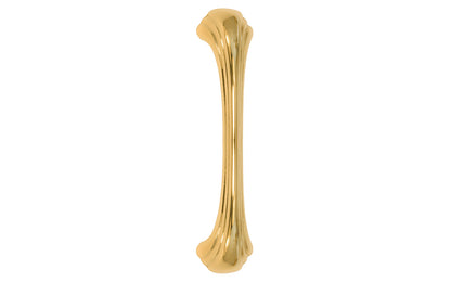 Vintage-style Hardware · A classic solid brass "Art Deco" handle pull with a streamlined 1930's look. 4" On Centers. Authentic reproduction pull designed in the 1930's, Streamline, Machine Age, Art Deco style of hardware. 4" center to center. Unlacquered brass (will patina naturally over time). Non-lacquered brass. Un-lacquered brass.