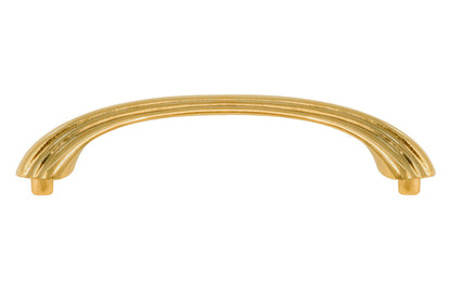 Vintage-style Hardware · A classic solid brass "Art Deco" handle pull with a streamlined 1930's look. 4" On Centers. Authentic reproduction pull designed in the 1930's, Streamline, Machine Age, Art Deco style of hardware. 4" center to center. Unlacquered brass (will patina naturally over time). Non-lacquered brass. Un-lacquered brass.