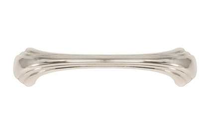 Vintage-style Hardware · A classic solid brass "Art Deco" handle pull with a streamlined 1930's look. 4" On Centers. Authentic reproduction pull designed in the 1930's, Streamline, Machine Age, Art Deco style of hardware. 4" center to center. Polished Nickel Finish.