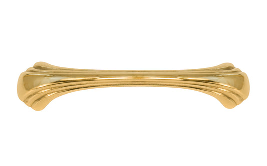 Vintage-style Hardware · A classic solid brass "Art Deco" handle pull with a streamlined 1930's look. 4-1/2" On Centers. Authentic reproduction pull designed in the 1930's, Streamline, Machine Age, Art Deco style of hardware. 4-1/2" center to center. Unlacquered brass (will patina naturally over time). Non-lacquered brass. Un-lacquered brass.