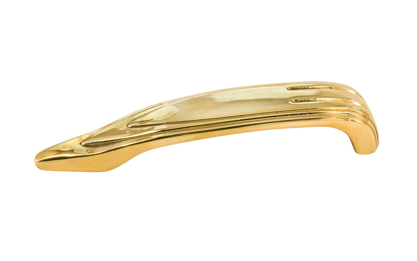 Vintage-style Hardware · A classic solid brass "Art Deco" handle pull with a streamlined 1930's look. 4" On Centers. Authentic reproduction pull designed in the 1930's, Streamline, Machine Age, Art Deco style of hardware. 4" center to center. Unlacquered brass (will patina naturally over time). Non-lacquered brass. Un-lacquered brass.