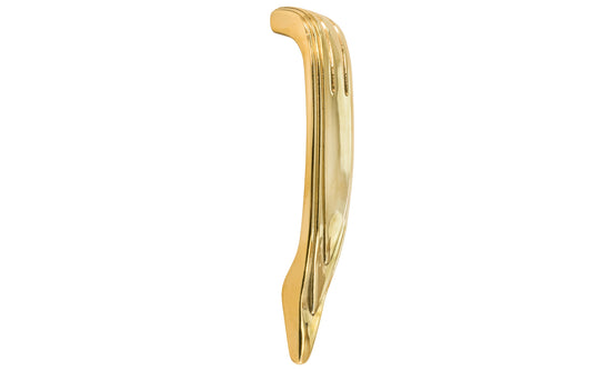 Vintage-style Hardware · A classic solid brass "Art Deco" handle pull with a streamlined 1930's look. 4" On Centers. Authentic reproduction pull designed in the 1930's, Streamline, Machine Age, Art Deco style of hardware. 4" center to center. Unlacquered brass (will patina naturally over time). Non-lacquered brass. Un-lacquered brass.