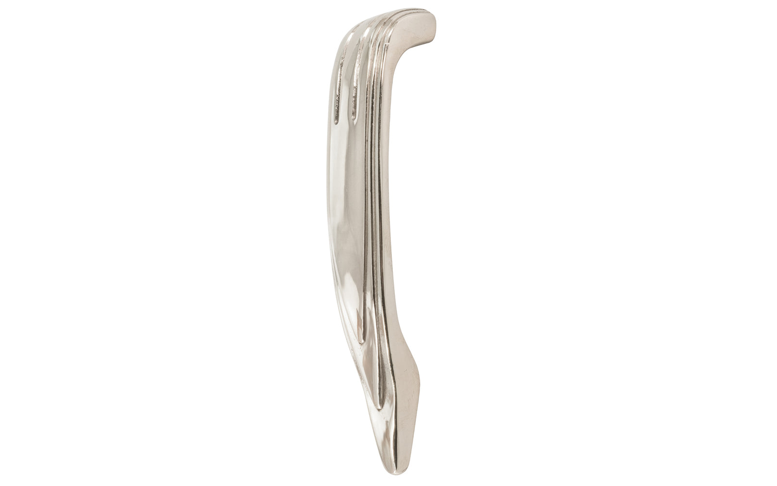 Vintage-style Hardware · A classic solid brass "Art Deco" handle pull with a streamlined 1930's look. 4" On Centers. Authentic reproduction pull designed in the 1930's, Streamline, Machine Age, Art Deco style of hardware. 4" center to center. Polished Nickel Finish.