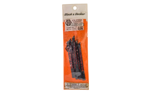 Black & Decker 14 TPI Jig Saw Blades, Metal Cutting - 10 PK. Coarse Cut 14 TPI - cuts 16 GA to 10 GA steel. Cuts up to 3/16" Aluminum, copper, brass, plastic, etc. U-shank jigsaw blade.  Made in USA.