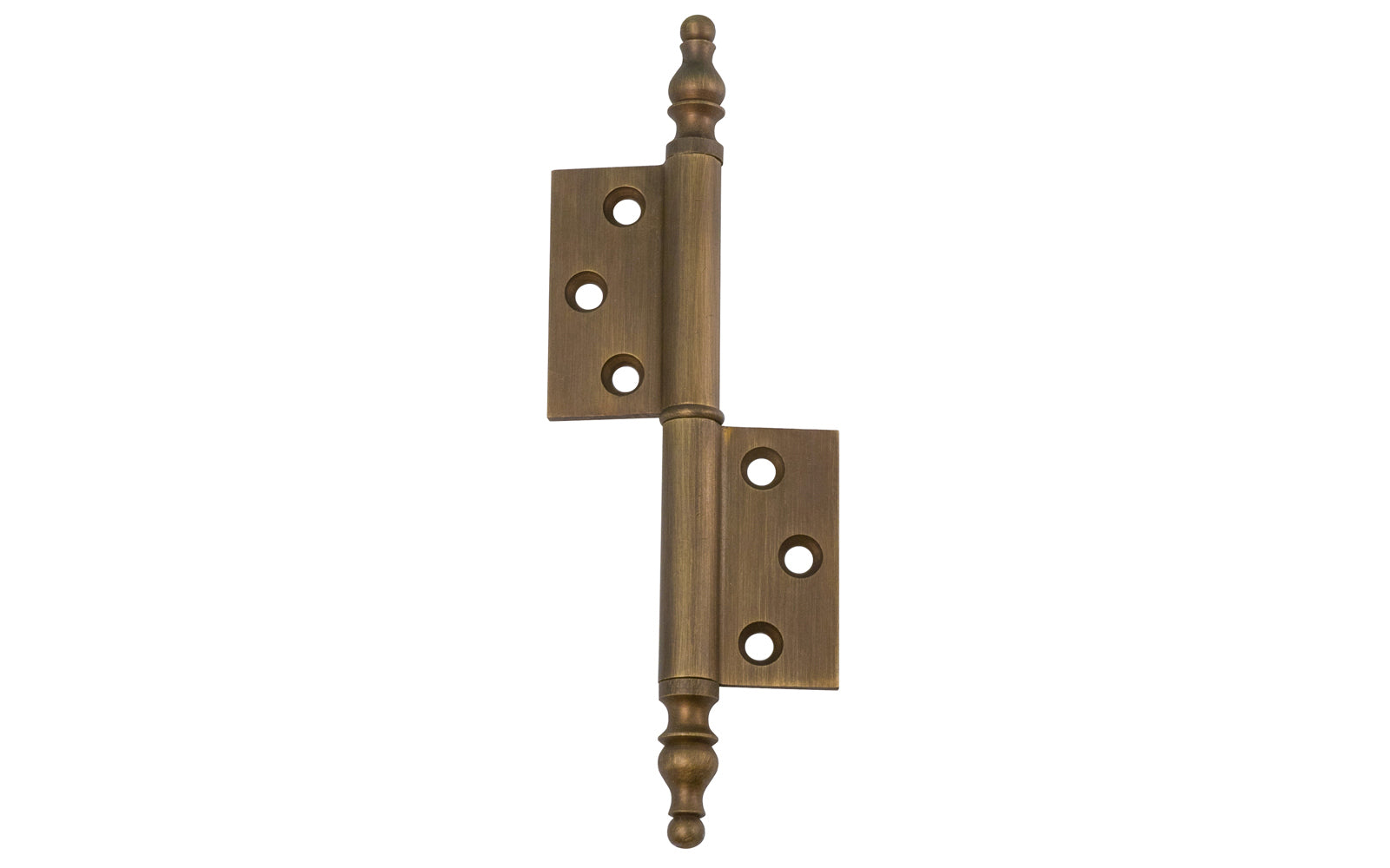 A high quality extruded & milled heavy gauge swaged Solid Brass "Flag" Hinges with Steeple Tips for cabinets, armoires, hutches, wardrobes, clock cases & cabinets with large doors. Thick 3/32" leaf thickness for longstanding durability. Antique brass finish.