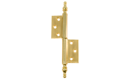 A high quality extruded & milled heavy gauge swaged Solid Brass "Flag" Hinges with Steeple Tips for cabinets, armoires, hutches, wardrobes, clock cases & cabinets with large doors. Thick 3/32" leaf thickness for longstanding durability. Lacquered brass finish.