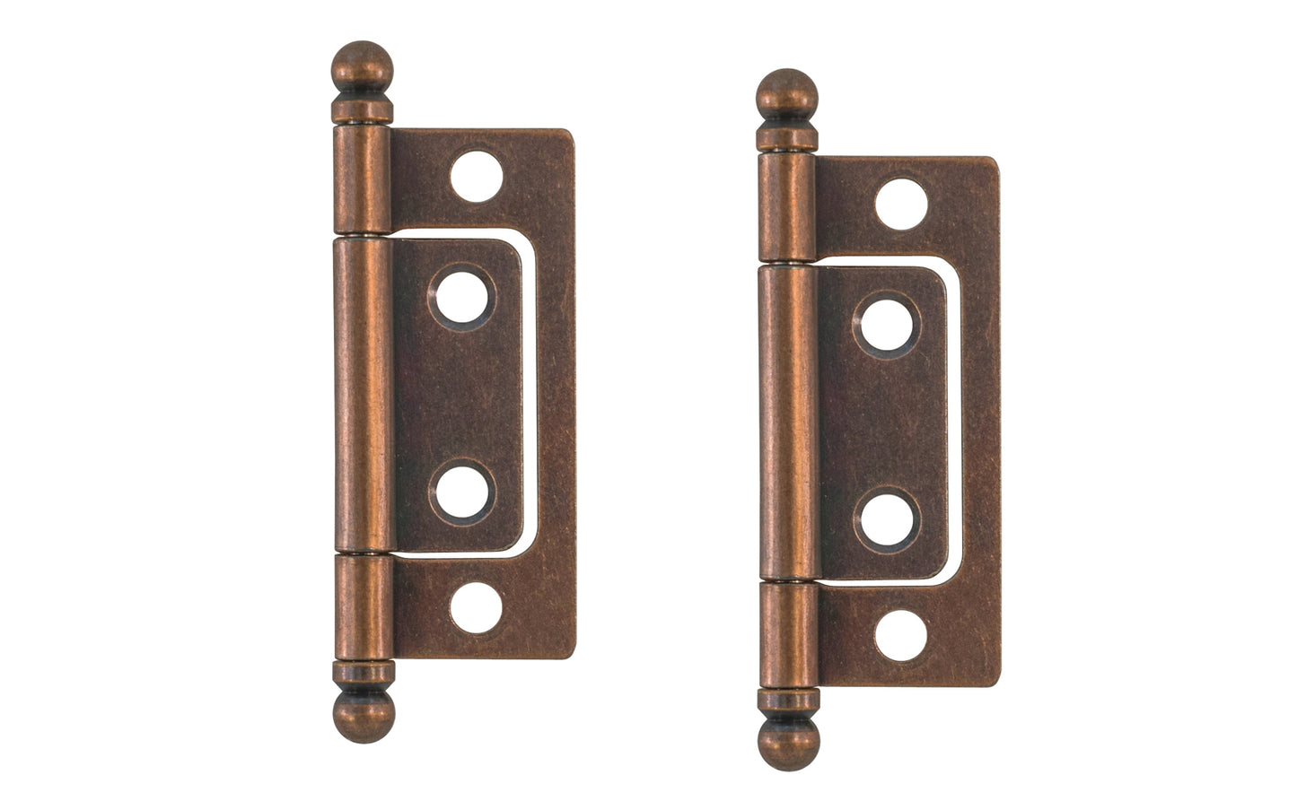 Traditional & classic 2" size non-mortise ball-tip steel cabinet hinges. Surface mount & great for inset cabinet doors & bi-fold doors. These steeple tip finial hinges are designed in the early 20th century style / Arts and Crafts style of hardware. Antique copper finish on steel material. Two hinges in pack.