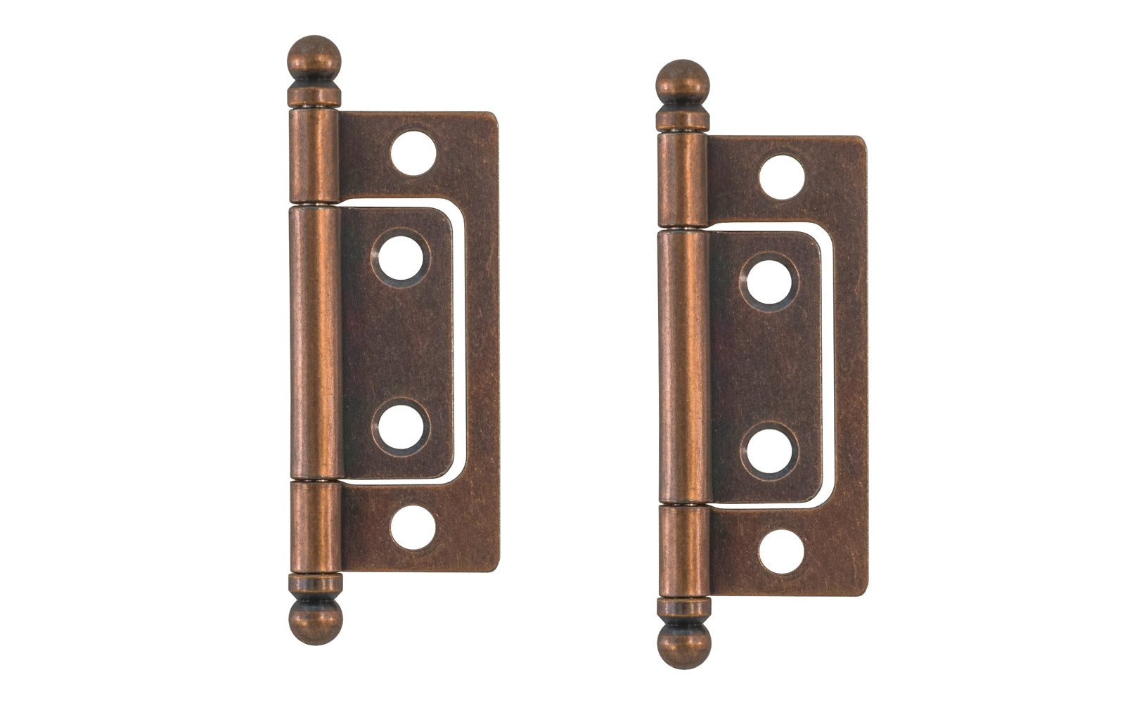 Traditional & classic 2" size non-mortise ball-tip steel cabinet hinges. Surface mount & great for inset cabinet doors & bi-fold doors. These steeple tip finial hinges are designed in the early 20th century style / Arts and Crafts style of hardware. Antique copper finish on steel material. Two hinges in pack.