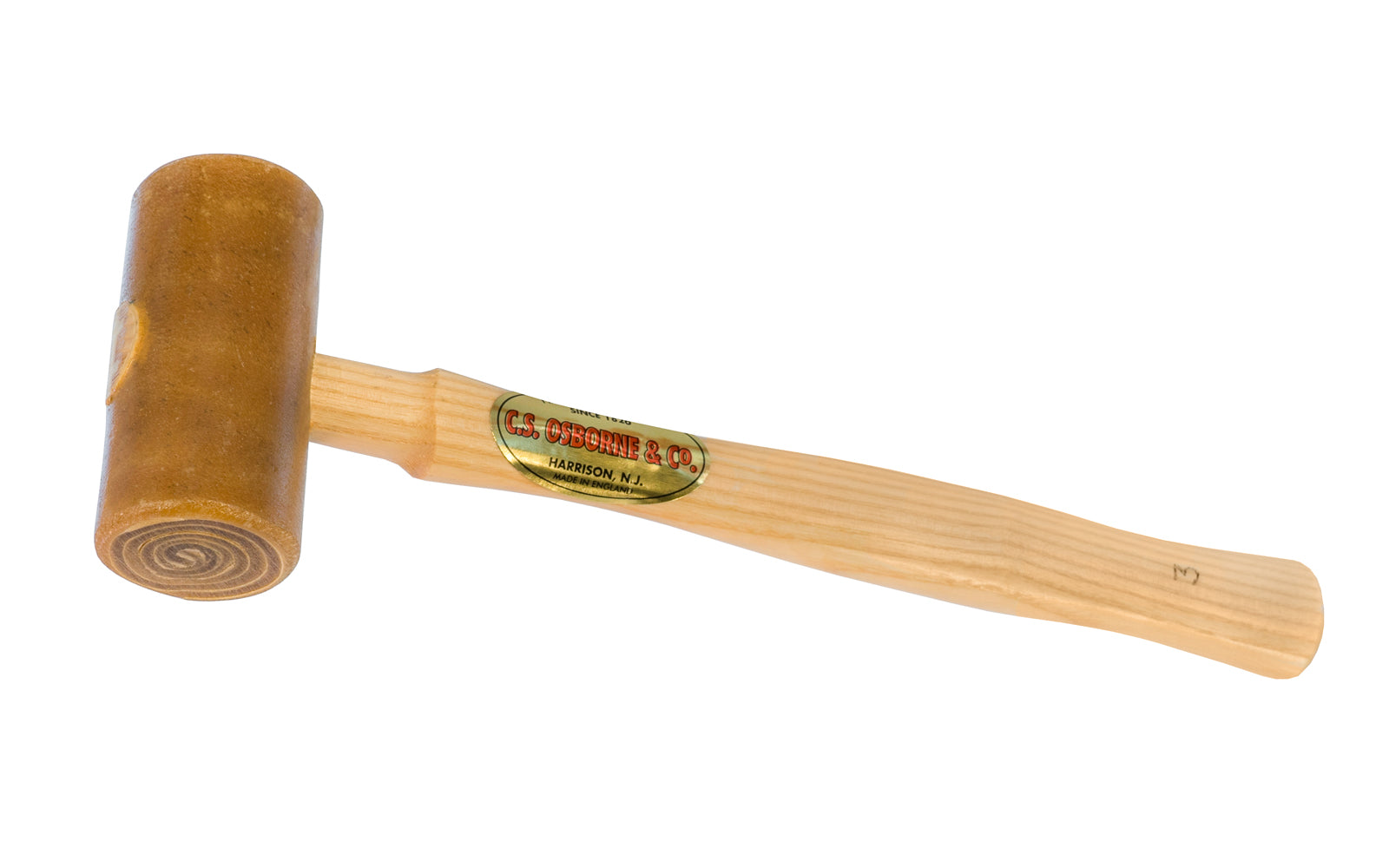 American-made rawhide mallet made by C.S. Osborne. 8 oz size mallet. Head of mallet is made entirely of rolled water buffalo rawhide. White hickory wood handle.