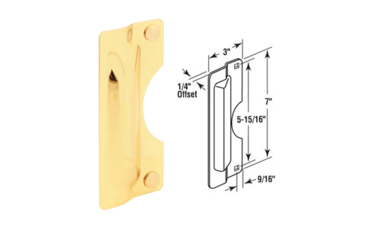7" Brass Finish Latch Shield. Protects latch or bolt. Accepts up to 3" rose. Polished brass.  Prime-Line Model U 9502.