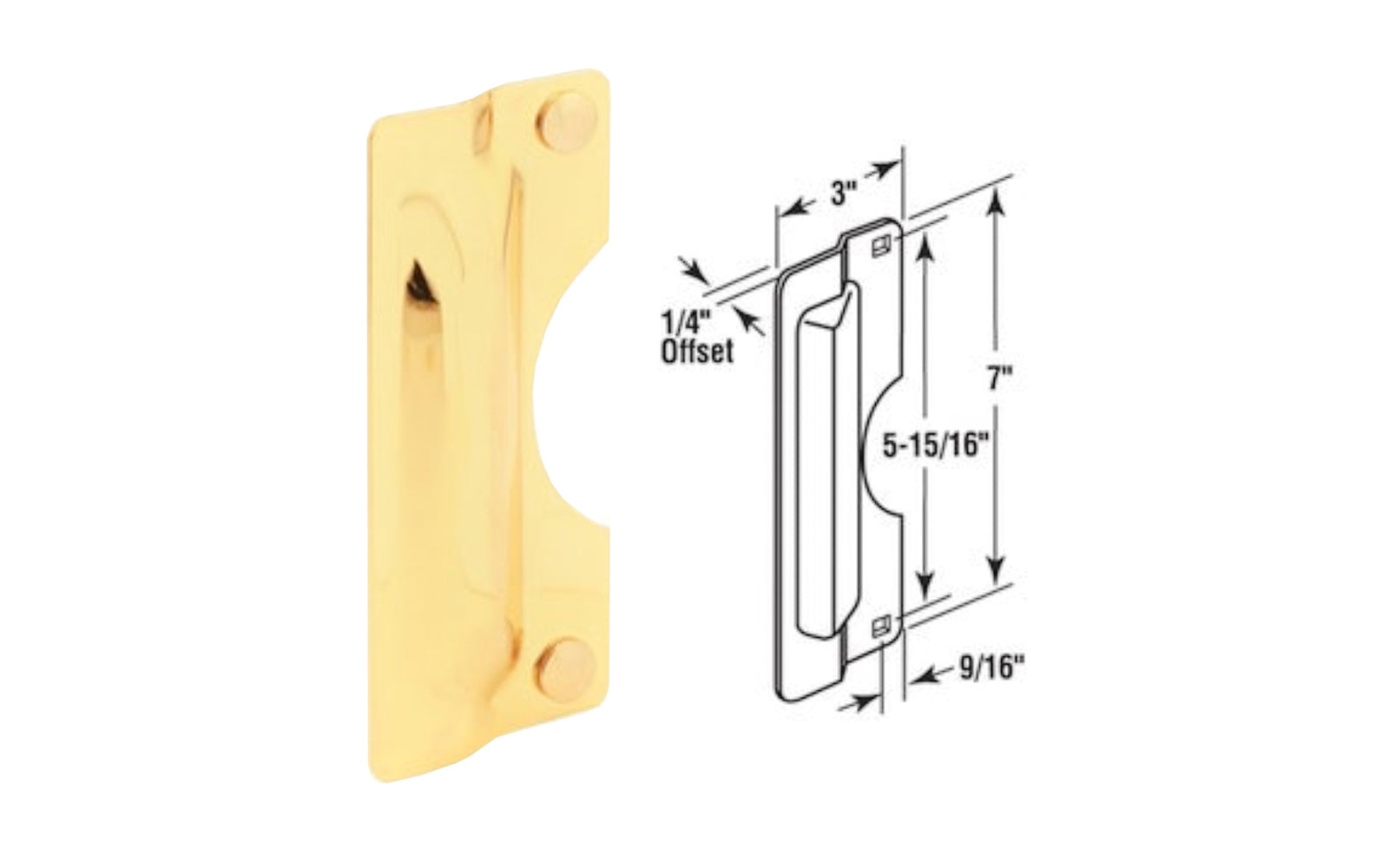7" Brass Finish Latch Shield. Protects latch or bolt. Accepts up to 3" rose. Polished brass.  Prime-Line Model U 9502.