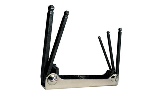 This Eklind Fold-Up 5-PC Ball Hex Wrench Key SAE Set. 3/16",  7/32",  1/4",  5/16",  &  3/8" sizes. Allen wrench set is manufactured using the finest quality alloy steel. Hardened, tempered & finished with Eklind black finish to resist rust. Fold Up Allen Set. Eklind model 20519. Made in USA.