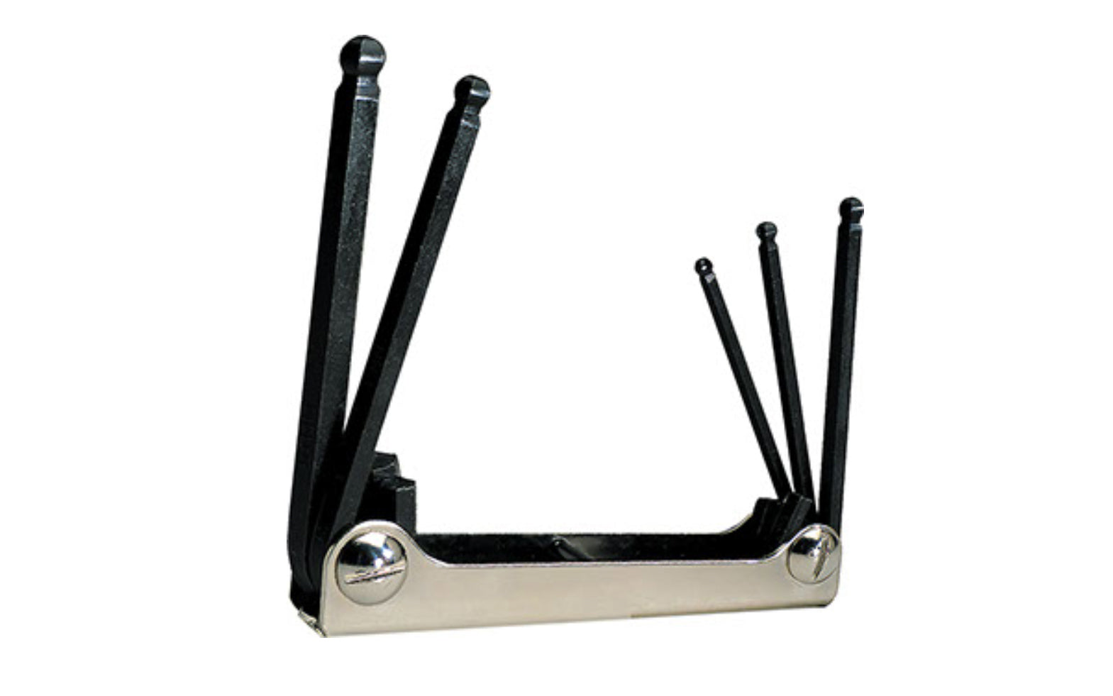 This Eklind Fold-Up 5-PC Ball Hex Wrench Key SAE Set. 1.5 mm, 2 mm, 2.5 mm, 3 mm, & 4 mm sizes. Allen wrench set is manufactured using the finest quality alloy steel. Hardened, tempered & finished with Eklind black finish to resist rust. Fold Up Allen Set. Eklind model 21158. Made in USA.
