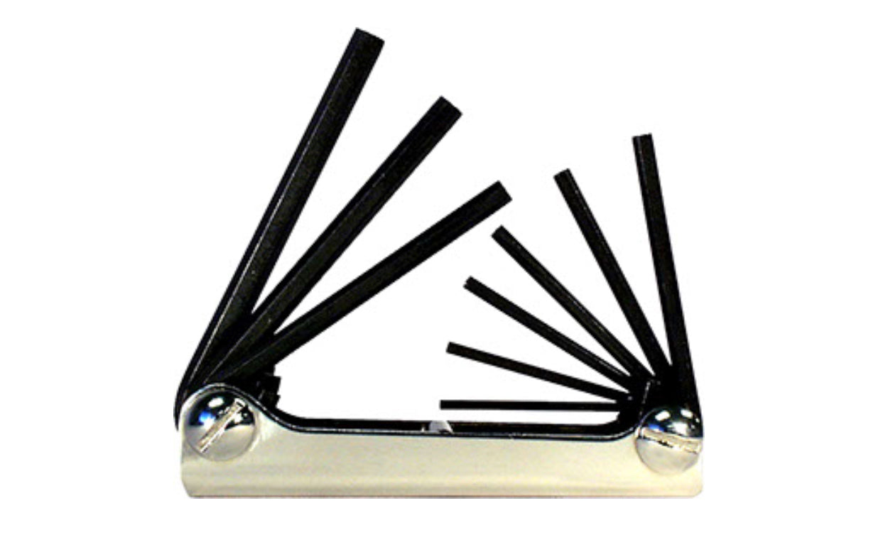 This Eklind Fold-Up 9-PC Hex Wrench Key SAE Set. 5/64", 3/32", 7/64", 1/8", 9/64", 5/32", 3/16", 7/32", & 1/4"sizes. Allen wrench set is manufactured using the finest quality alloy steel. It is hardened, tempered & finished with Eklind black finish to resist rust. Fold Up Allen Set. Eklind model 20911. Made in USA.