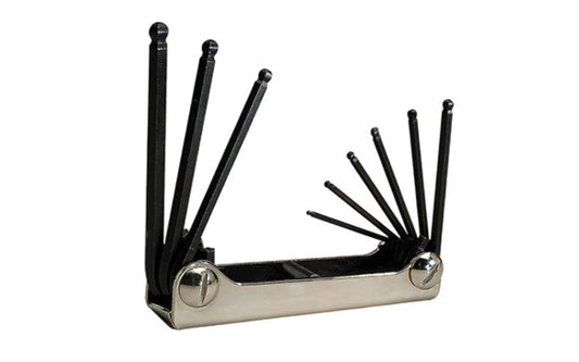 This Eklind Fold-Up 9-PC Ball Hex Wrench Key SAE Set. 5/64", 3/32", 7/64", 1/8", 9/64", 5/32", 3/16", 7/32", & 1/4"sizes. Allen wrench set is manufactured using the finest quality alloy steel. Hardened, tempered & finished with Eklind black finish to resist rust. Fold Up Allen Set. Eklind model 20919. Made in USA.