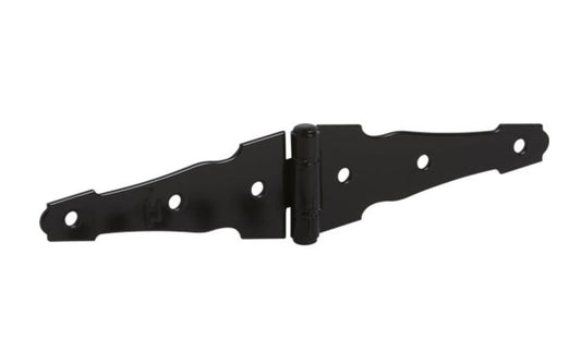 4" Black Finish Ornamental Strap Hinge ~ Designed for gates, sheds & rustic doors. Coated with "Weatherguard" protection to withstand harsh weather conditions & prevent corrosion. Sold as one hinge in pack. National Hardware Catalog Model No. N109-036.