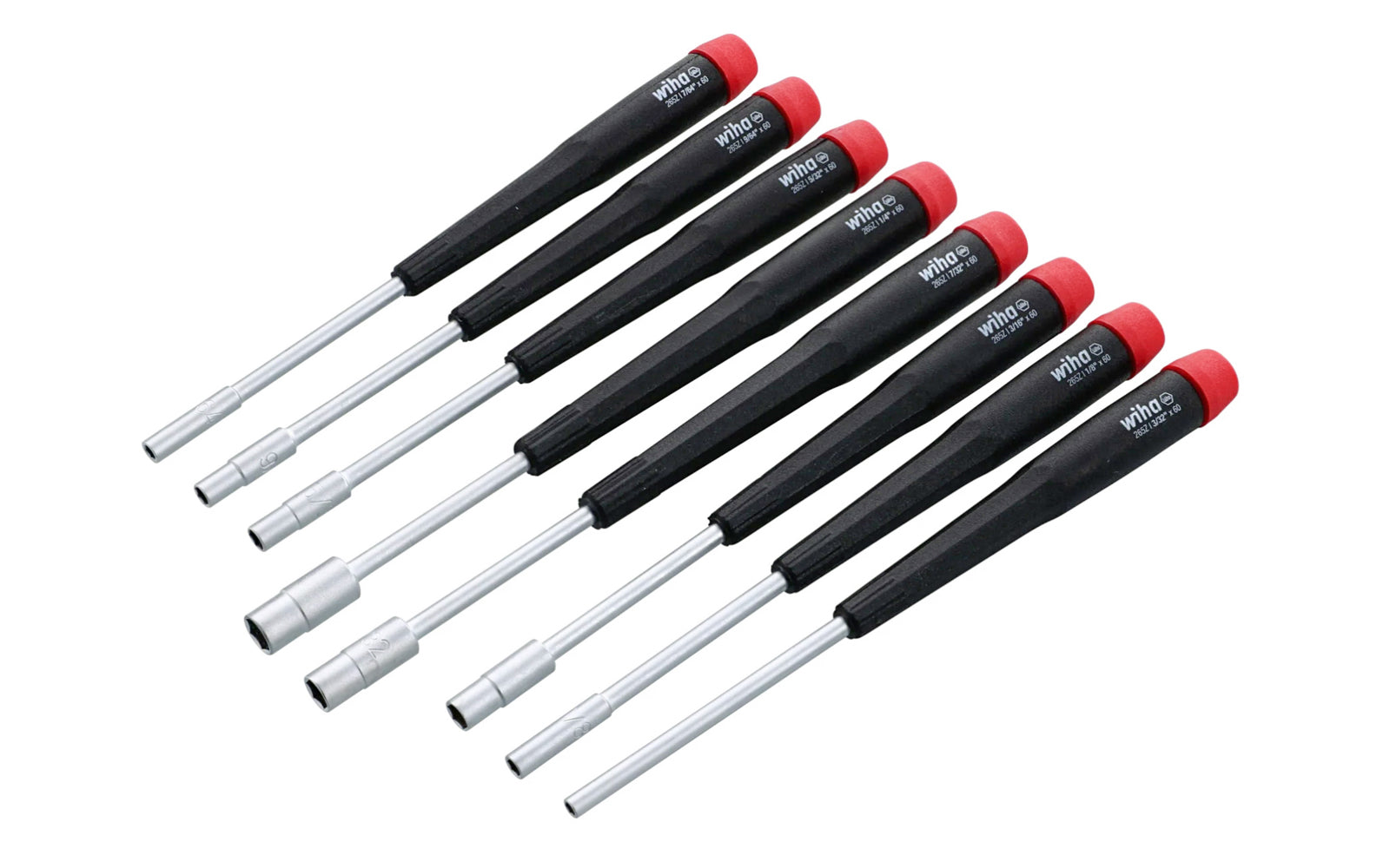Wiha 7-Piece SAE Nut Driver Set. A high quality Wiha SAE standard precision nut driver set made out of hardened CRM72 tool steel. 3/32", 7/64", 1/8", 9/64", 5/32", 3/16", 7/32", 1/4" sizes. Made in Germany. Wiha Model 26591.