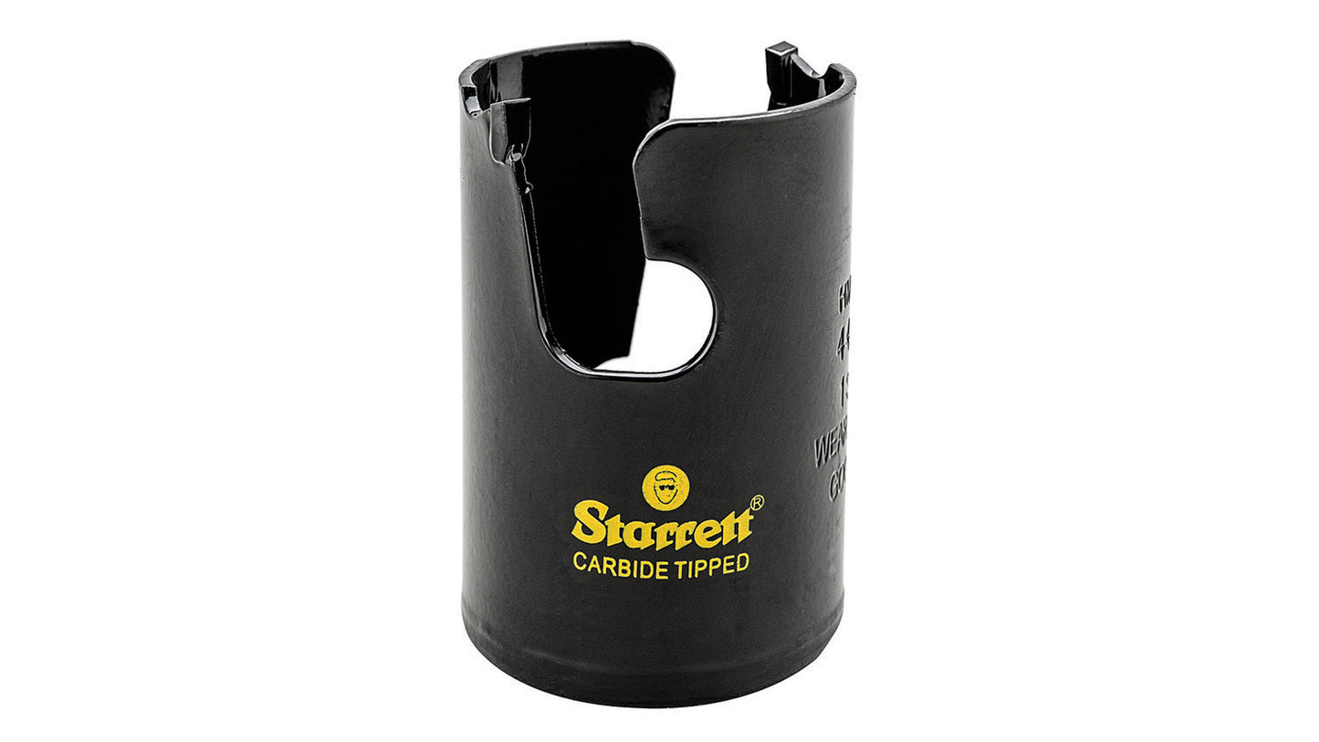 The Starrett TCT tungsten carbide tipped multi-purpose hole saws with a unique tooth set for an ultra-aggressive, high performance cutting of non-metallics. Rapid, heat-free stock removal of wood, MDF, plastics, and ceramic tiles. Note: Arbor, pilot bit, chuck not included. 