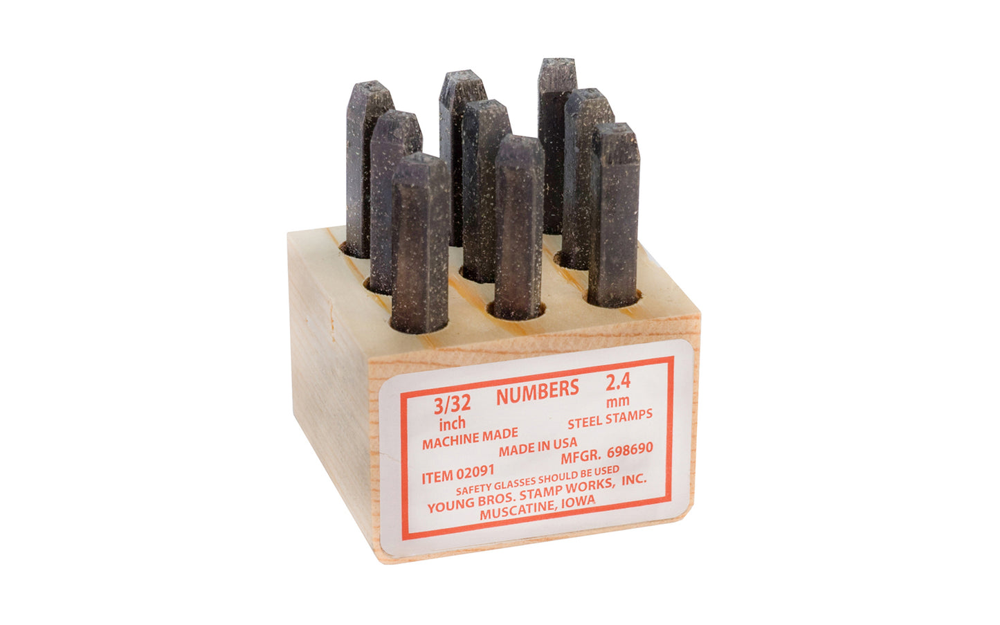 Young Bros 3/32" Size Steel Numbers. 0 to 9 sizes. These steel stamps are made with carbon tool steel & will mark material up to 50 on the Rockwell C scale. Special heat treated stamps so they won’t shatter under stress. Young Bros Machine made steel stamps. Includes wooden box for storage. Made in USA.