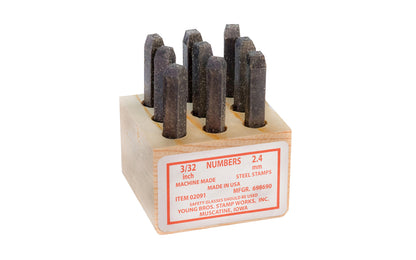 Young Bros 3/32" Size Steel Numbers. 0 to 9 sizes. These steel stamps are made with carbon tool steel & will mark material up to 50 on the Rockwell C scale. Special heat treated stamps so they won’t shatter under stress. Young Bros Machine made steel stamps. Includes wooden box for storage. Made in USA.