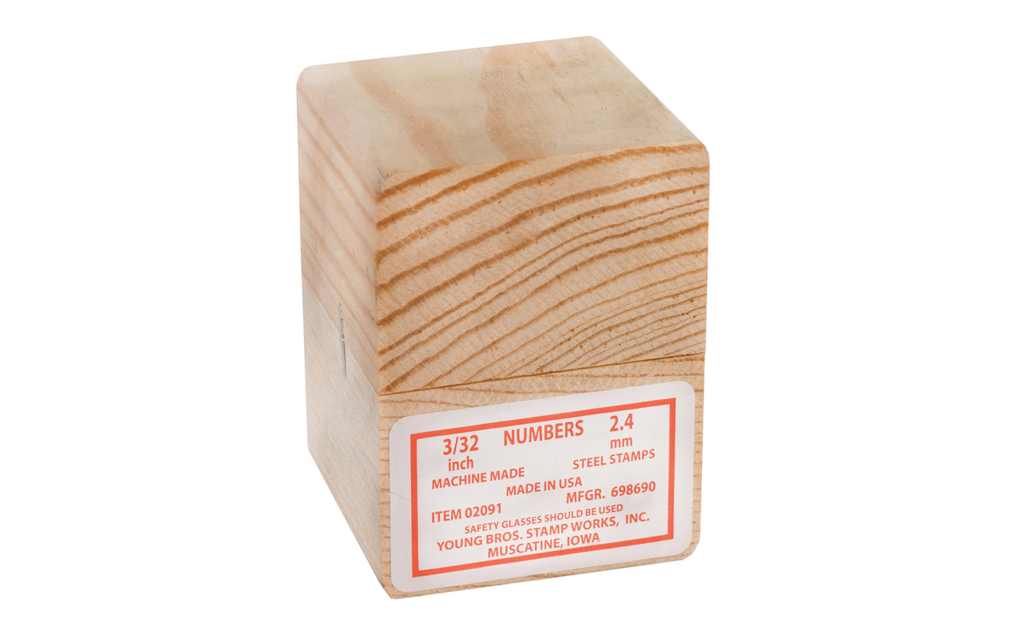 Young Bros 3/32" Size Steel Numbers. These steel stamps are made with carbon tool steel & will mark material up to 50 on the Rockwell C scale. Special heat treated stamps so they won’t shatter under stress. Young Bros Machine made steel stamps. Includes wooden box for storage. Made in USA.