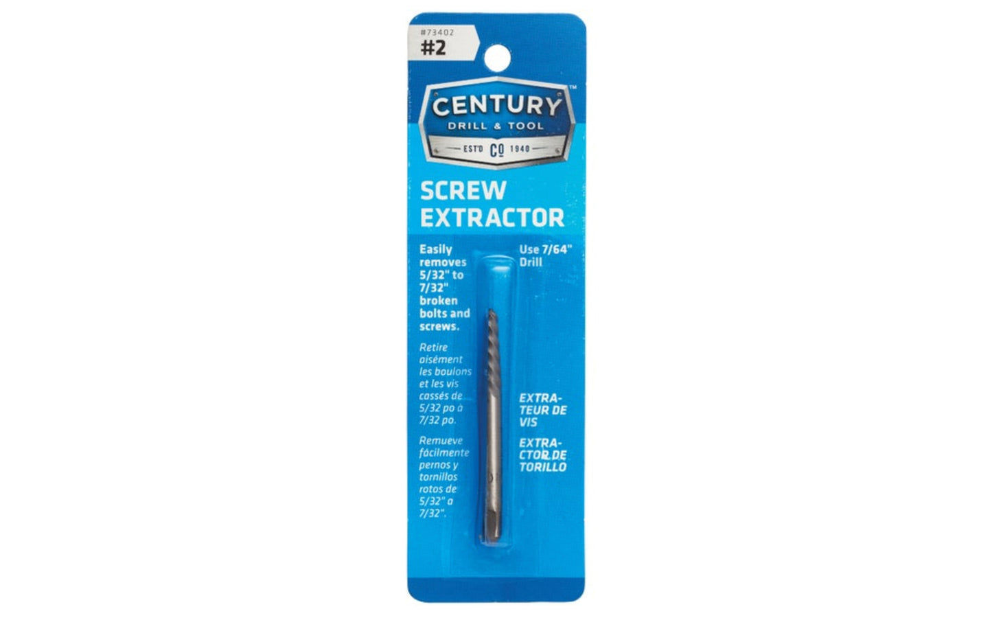 A Spiral Flute Screw Extractor made by Century Drill & Tool. Remove broken bolts & screws with these square shaft extractors. Ideal for thin wall extractions. #2 size.