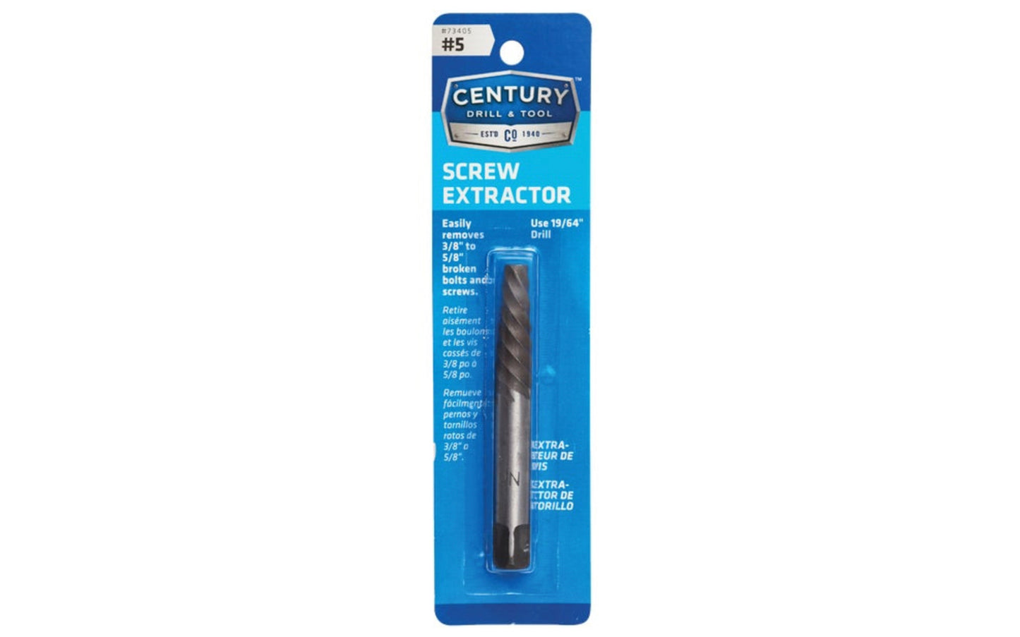 A Spiral Flute Screw Extractor made by Century Drill & Tool. Remove broken bolts & screws with these square shaft extractors. Ideal for thin wall extractions. #5 size.