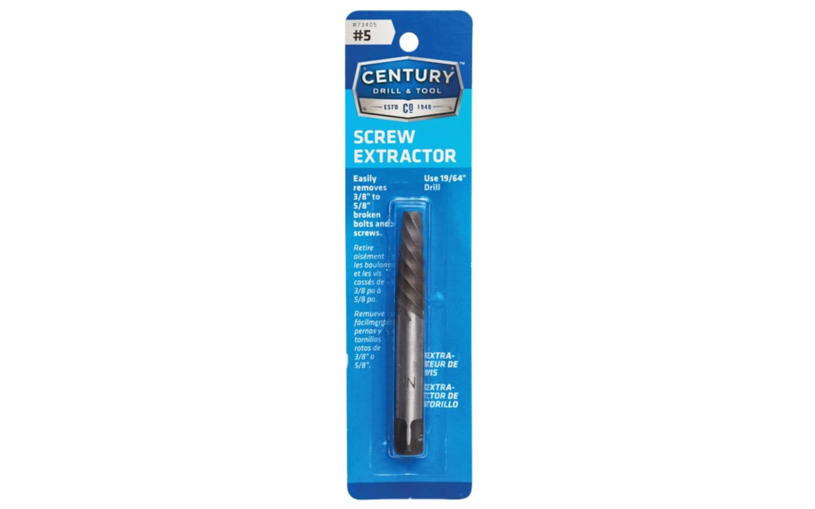 A Spiral Flute Screw Extractor made by Century Drill & Tool. Remove broken bolts & screws with these square shaft extractors. Ideal for thin wall extractions. #5 size.