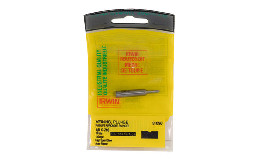 Irwin HSS Veining, Plunge Router Bit - Made in USA. High speed steel Router Bit. 1-5/8" overall length. 1/4" shank. Irwin Model No. 31090. Made in USA.