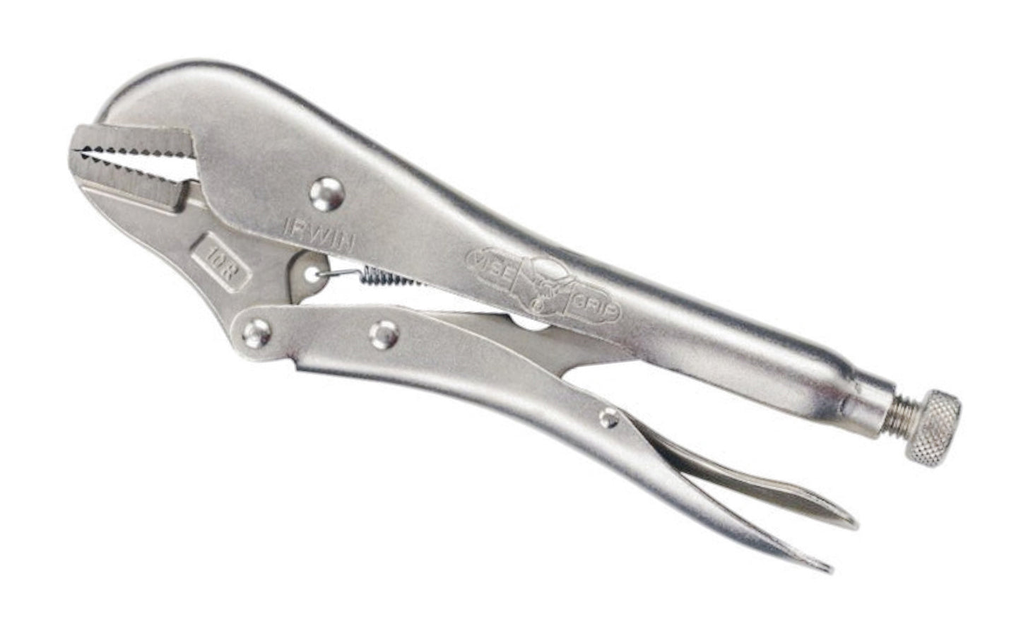 Irwin 10" "The Original" Vise Grip Locking Nose Plier. Model 10R. Item No. 102L3. Turn screw to adjust pressure & fit work. Stays adjusted for repetitive use. Constructed of high-grade heat-treated alloy steel for maximum toughness & durability. Hardened teeth are designed to grip from any angle. 1-3/4" Jaw Capacity ~ 038548001043