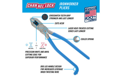 Channellock 9" Iron Workers Pliers. Model 350S. Forged high carbon U.S. steel for maximum strength & durability is specially coated for rust prevention. Dog leg handle design for increased leverage when twisting wire. Crosshatch teeth to provide maximum grip. Channelock Linemen's Pliers. Cuts ACSR. Made in USA.