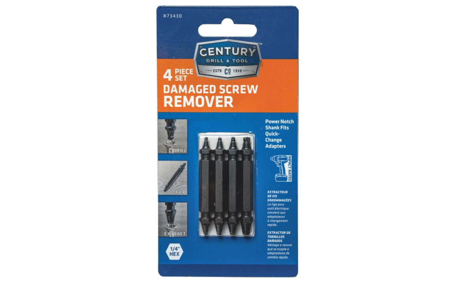Double-end extractor tips remove stripped bolts or screws quickly and easily. Patented drill and flute design improves screw extraction. Extracts all types of damaged screwdriving bits. Made from hardened steel for a long, durable tool life. Power notch shank fits quick-change adapters. 1/4" Hex, impact rated. Includes #0, #1, #2, and #3 sizes.