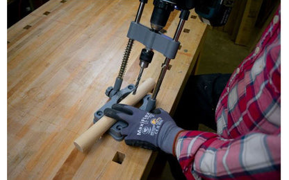 General Tools Model 3638. Multi-purpose precision drill guide is for angled drilling, doweling, plug cutting, edge sanding. Attaches to 3/8" or 1/2" power drill.