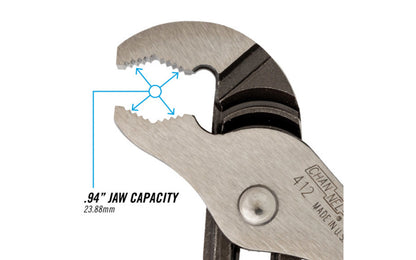 Channellock 6-1/2" V-Jaw Tongue & Groove Plier has a unique v jaw design that creates more points of contact on round stock & tubing. Laser-hardened teeth to provide a better, longer lasting grip. Channelock Model 412. Professional non-slip channellocks. adjustable 6.5" tongue and groove plier. Made in USA.