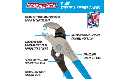 Channellock 6-1/2" V-Jaw Tongue & Groove Plier has a unique v jaw design that creates more points of contact on round stock & tubing. Laser-hardened teeth to provide a better, longer lasting grip. Channelock Model 412. Professional non-slip channellocks. adjustable 6.5" tongue and groove plier. Made in USA.