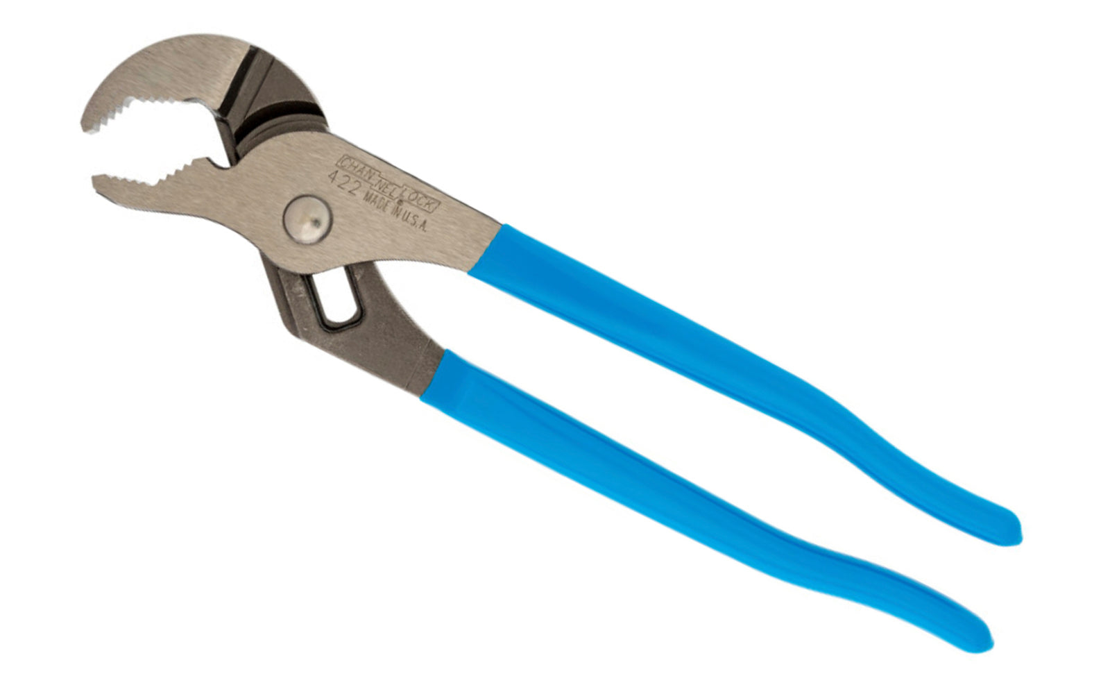 Channellock 9-1/2" V-Jaw Tongue & Groove Plier has a unique v jaw design that creates more points of contact on round stock & tubing. Laser-hardened teeth to provide a better, longer lasting grip. Channelock Model 422. Professional non-slip channellocks. adjustable 9.5" tongue and groove plier. Made in USA.