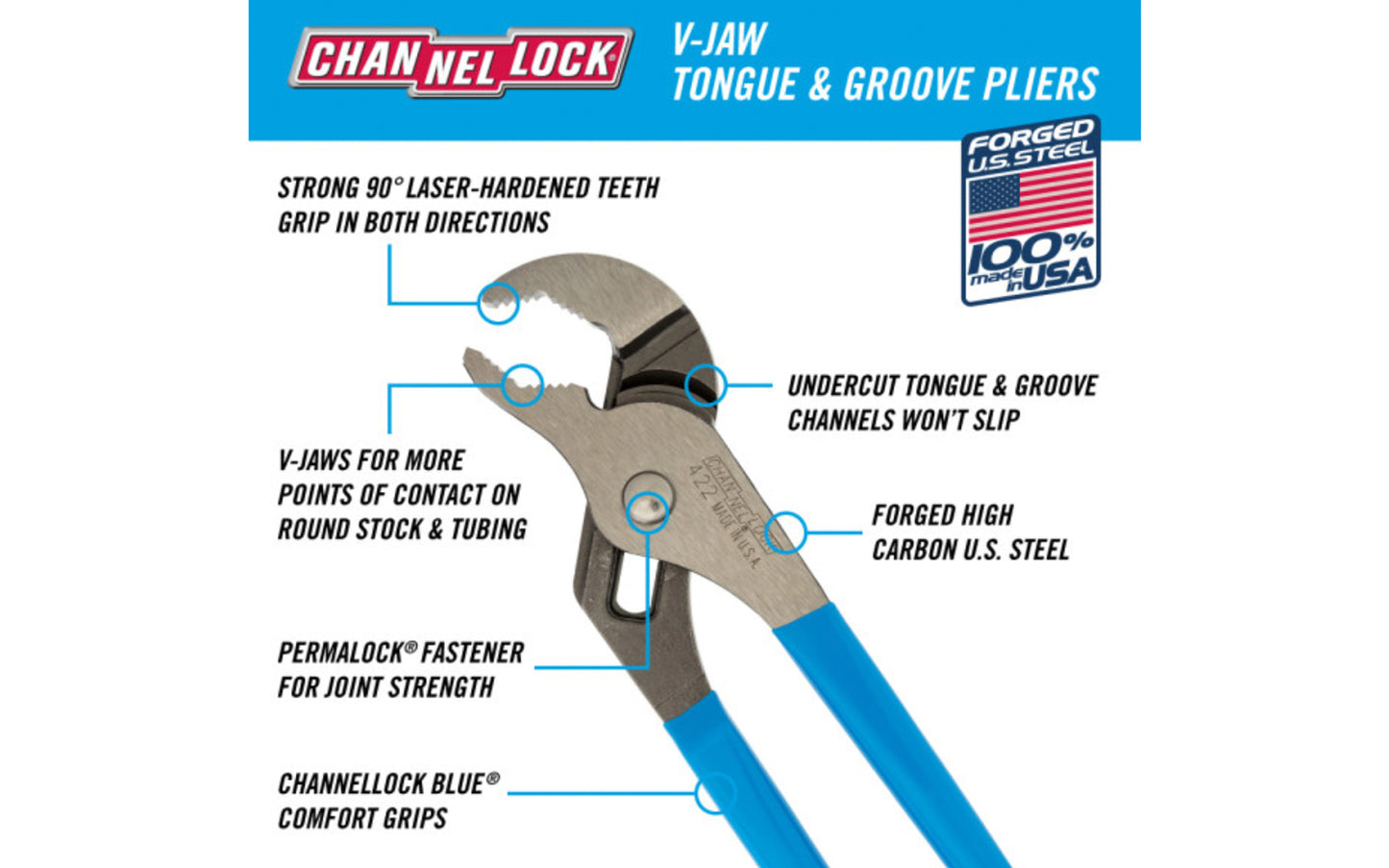 Channellock 9-1/2" V-Jaw Tongue & Groove Plier has a unique v jaw design that creates more points of contact on round stock & tubing. Laser-hardened teeth to provide a better, longer lasting grip. Channelock Model 422. Professional non-slip channellocks. adjustable 9.5" tongue and groove plier. Made in USA.