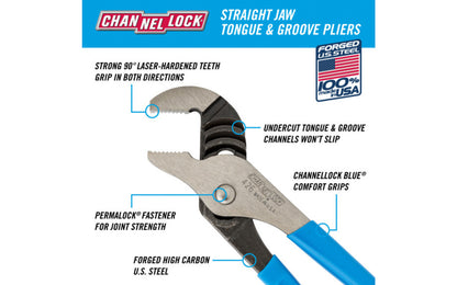 Channellock 6-1/2" Straight Jaw Tongue & Groove Plier is built to last with a Permalock fastener to eliminate nut & bolt failure. Laser-hardened teeth to provide a better, longer lasting grip. Channelock Model 426. 025582301277. Professional non-slip channellocks. adjustable tongue and groove plier. Made in USA.