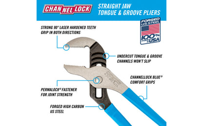 Channellock 10" Straight Jaw Tongue & Groove Plier is built to last with a Permalock fastener to eliminate nut & bolt failure. Laser-hardened teeth to provide a better, longer lasting grip. Channelock Model 430. 025582301475. Professional non-slip channellocks. adjustable tongue and groove plier. Made in USA.