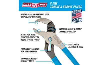 Channellock 10" V-Jaw Tongue & Groove Plier has a unique v jaw design that creates more points of contact on round stock & tubing. Laser-hardened teeth to provide a better, longer lasting grip. Channelock Model 432. Professional non-slip channellocks. adjustable 10" tongue and groove plier. Made in USA.