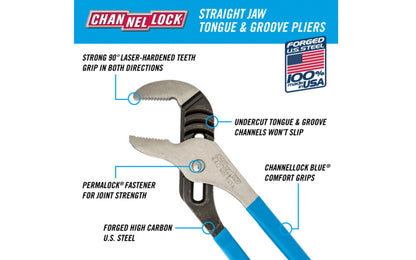 Channellock 12" Straight Jaw Tongue & Groove Plier is built to last with a Permalock fastener to eliminate nut & bolt failure. Laser-hardened teeth to provide a better, longer lasting grip. Channelock Model 440. 025582301673. Professional non-slip channellocks. adjustable tongue and groove plier. Made in USA.
