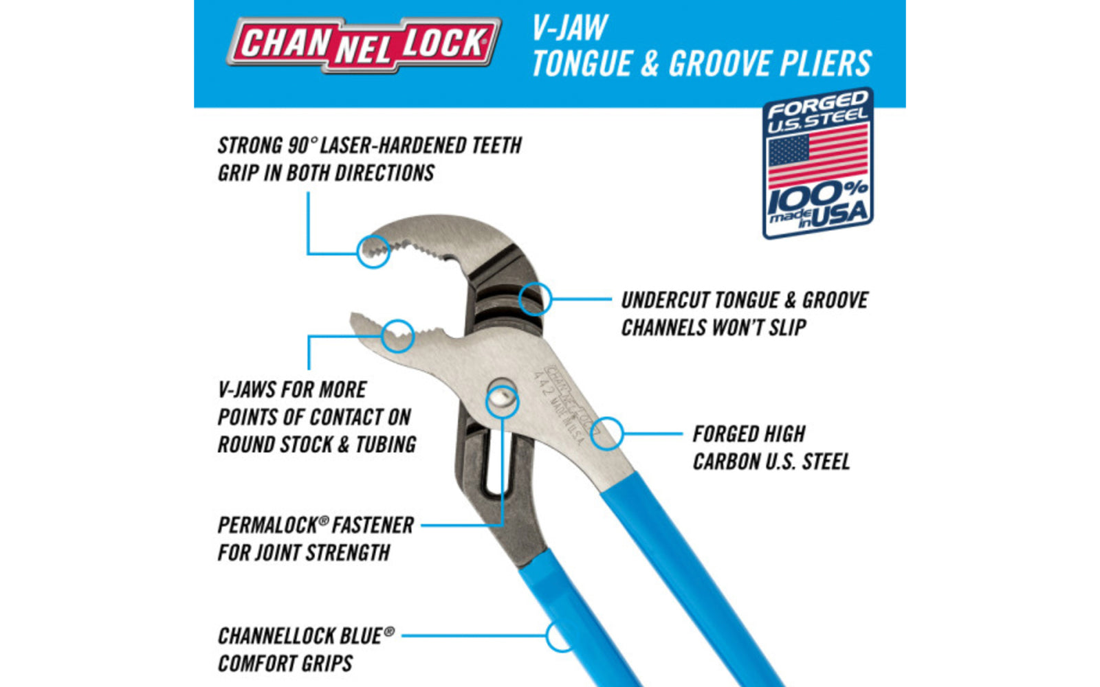 Channellock 12" V-Jaw Tongue & Groove Plier has a unique v jaw design that creates more points of contact on round stock & tubing. Laser-hardened teeth to provide a better, longer lasting grip. Channelock Model 442. Professional non-slip channellocks. adjustable 12" tongue and groove plier. Made in USA.