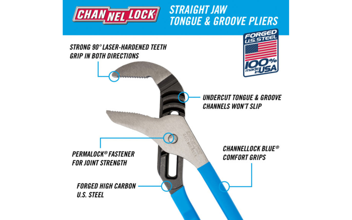 Channellock 16-1/2" Straight Jaw Tongue & Groove Plier is built to last with a Permalock fastener to eliminate nut & bolt failure. Laser-hardened teeth to provide a better, longer lasting grip. Channelock Model 460. 025582301970. Professional non-slip channellocks. adjustable tongue and groove plier. Made in USA.
