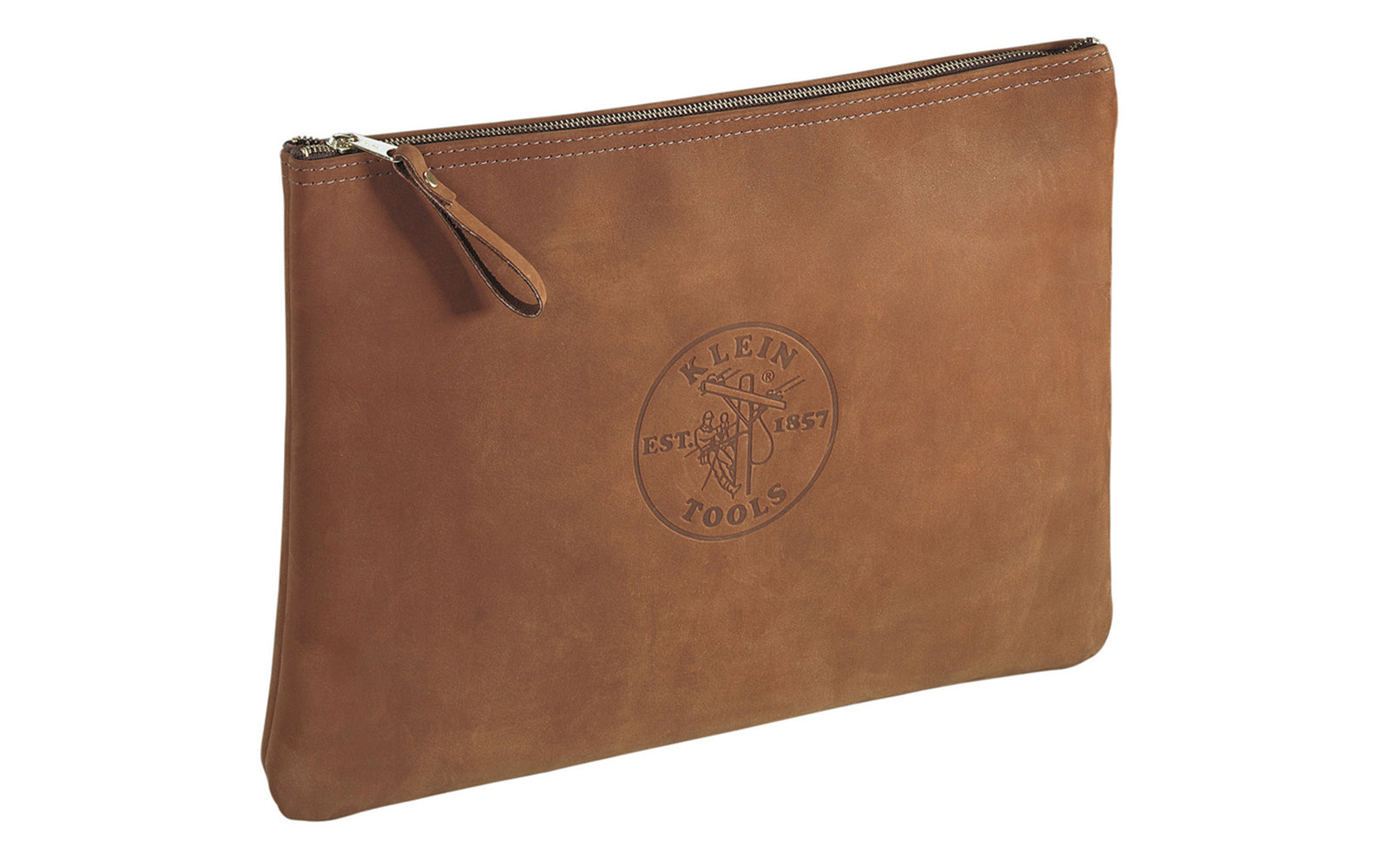 Klein Tools Top-Grain Leather Portfolio Zipper Bag. This handsome bag is soft sided & features brushed cowhide leather construction to provide durability. Convenient storage & transporting of contracts, quotations, work orders, plans, & schedules. The heavy-duty zipper keeps it securely closed. Model 5136.