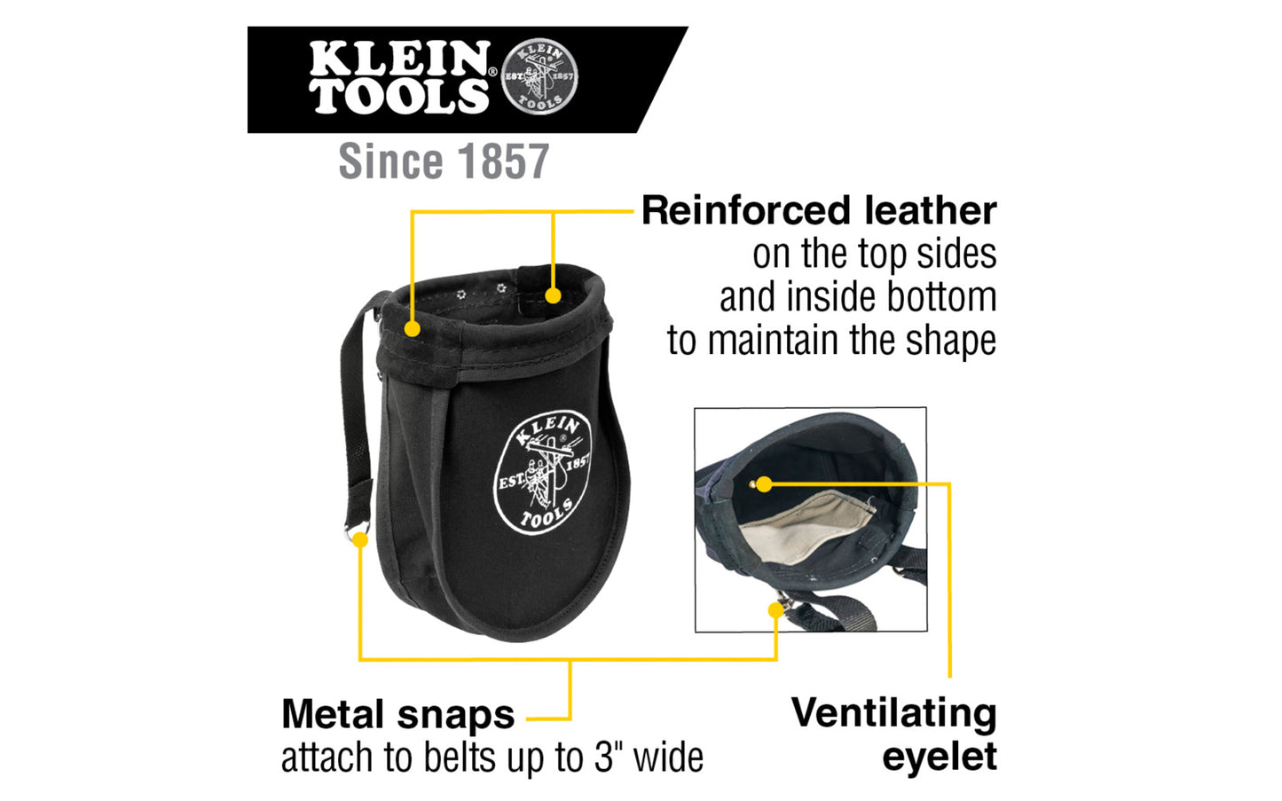 Klein Tools' Nut & Bolt Pouch is reinforced with leather & rope, which also keeps the shape of the pouch opening. This tool bag has an interior pocket, & metal snaps on the loops for belts up to 3" wide. Overall size measures 9" x 3.5" x 10". Klein Model 51A. Made in USA.