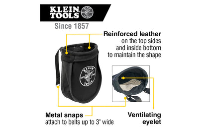 Klein Tools' Nut & Bolt Pouch is reinforced with leather & rope, which also keeps the shape of the pouch opening. This tool bag has an interior pocket, & metal snaps on the loops for belts up to 3" wide. Overall size measures 9" x 3.5" x 10". Klein Model 51A. Made in USA.