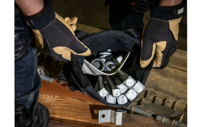 Klein Tools' Nut & Bolt Pouch is reinforced with leather & rope, which also keeps the shape of the pouch opening. This tool bag has an interior pocket, & metal snaps on the loops for belts up to 3" wide. Overall size measures 9" x 3.5" x 10". Klein Model 51A. Made in USA.