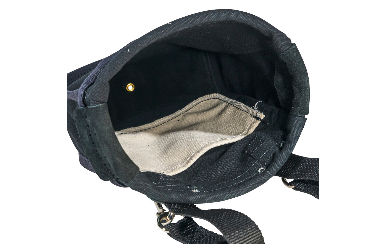 Klein Tools' Nut & Bolt Pouch is reinforced with leather & rope, which also keeps the shape of the pouch opening. This tool bag has an interior pocket, & metal snaps on the loops for belts up to 3" wide. Overall size measures 9" x 3.5" x 10". Klein Model 51A. Made in USA.